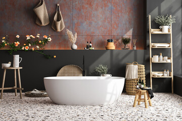 Modern cozy bathroom interior with beautiful bathtub, bathroom accessories, towel, plant, tile and black wall, ladder, roses, terrazzo floor. Minimal design. Bathroom background. Mockup. 3d Rendering