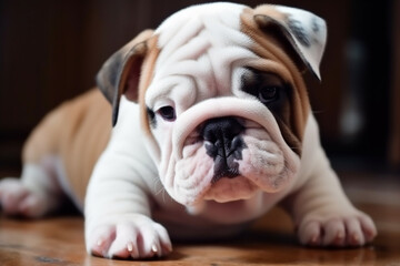 Cute funny bulldog puppy posing closeup. Generative AI