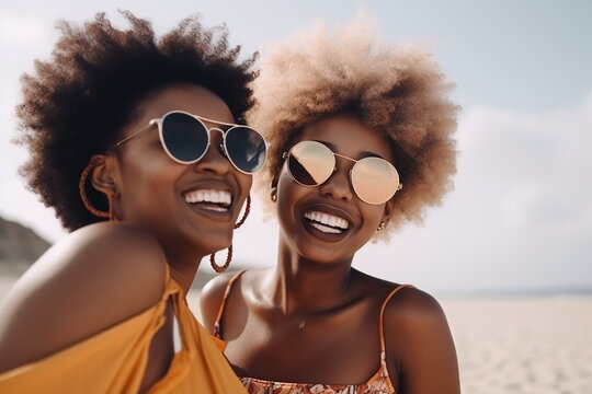 Two afro-american female friends on a beach, copyspace. Generative AI