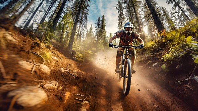 A cyclist speeds through a picturesque mountain trail, the dynamic motion and scenic backdrop, portraying the thrill and adventure of mountain biking in nature, Generative AI