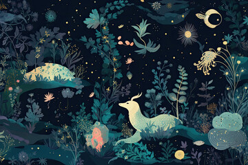 Magical and otherworldly wallpaper pattern of ethereal flowers, floating bubbles, and mystical creatures such as dragons and mermaids set against a starry night sky, generative ai