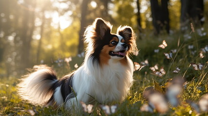 Obraz premium Cute Papillon dog at the meadow with flowers and butterflies, generative ai