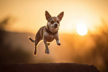 Happy chihuahua dog running in sunset, generative ai