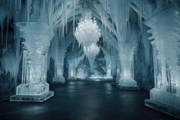 Majestic Ice Palace with Glittering Crystal Chandeliers and Sculptures, generative ai