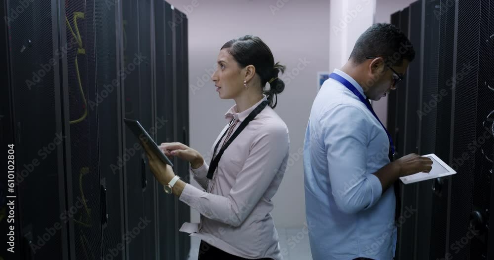 Poster Cyber security check, server room and woman with tablet, man and network administration for database update. Tech employees, system maintenance and technician team online in data center together.