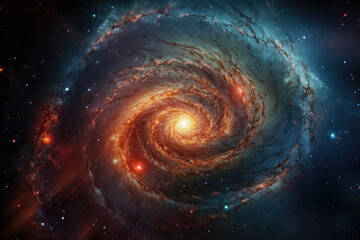 Fototapeta na wymiar Mesmerizing image of a spiral galaxy with a bright central core and swirling arms filled with stars and cosmic dust, generative ai