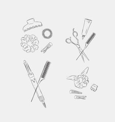 Collection of tools and accessories for creating hairstyles drawing on light background
