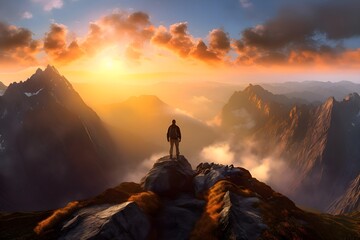 A lone traveler stands atop a breathtaking mountain peak, surrounded by majestic vistas and boundless possibilities, Generative AI - obrazy, fototapety, plakaty