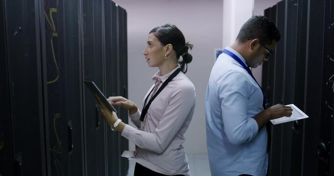 Cyber security check, server room and woman with tablet, man and network administration for database update. Tech employees, system maintenance and technician team online in data center together.
