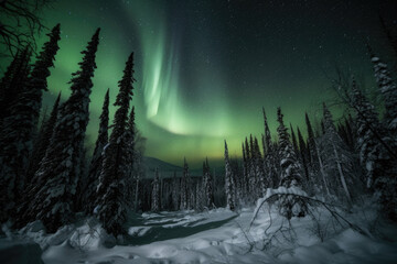 Mesmerizing Northern Lights dancing over snow-covered mountains and forests, generative ai