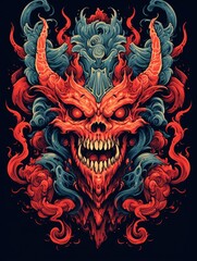 Demon, skull, evil, hell, illustration. Print for T-shirts. Generative AI.