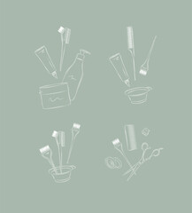 Fototapeta premium Hair dye tools and accessories compositions drawing on green background