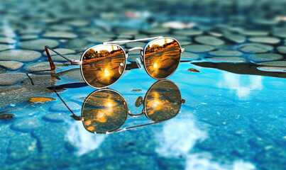 sunglasses on water. Generative AI image.