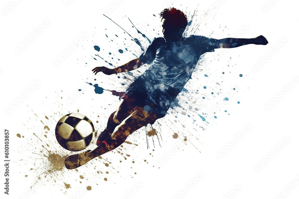 Poster silhouette of a soccer player with a ball isolated on a white background.