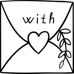 Cute love letter with leaves and a heart icon in doodle style. Vector illustration