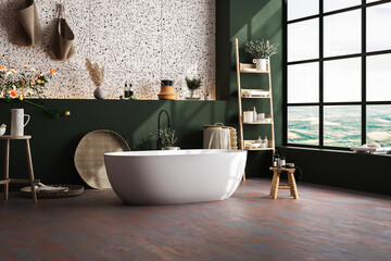 Modern cozy bathroom interior with beautiful bathtub, bathroom accessories, towel, plant, tile and...