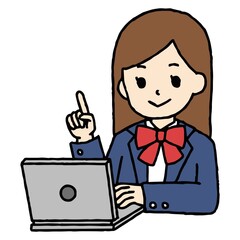 パソコン学習をする女子高生が指差し