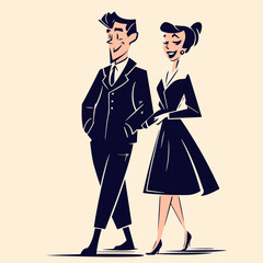 retro cartoon illustration of a elegant couple walking - 610104894