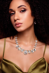 Close up photo of chic wealthy beauty model wear valentine boyfriend present treasure pendant on...