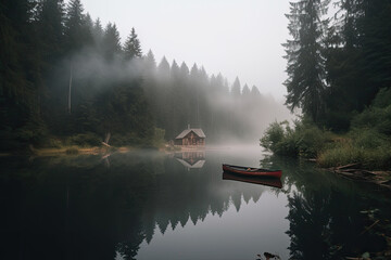 Mysterious misty lake surrounded by tall trees and smoke rising from a distant cabin, with a canoe floating on the calm water, generative ai