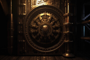 Obraz premium mysterious steampunk portal with rotating brass gears in a dark, atmospheric setting, generative ai
