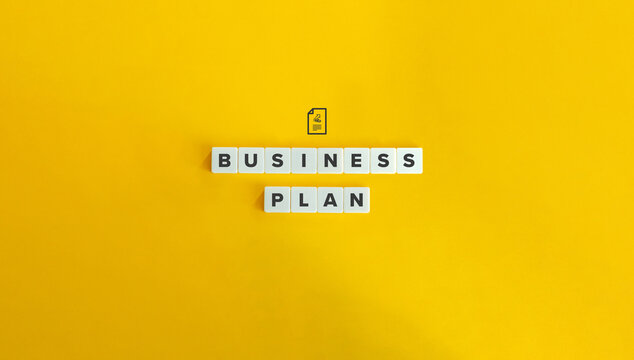 Business Plan Banner and Concept Image. Text on Letter Tiles on Yellow Background. Minimal Aesthetic.