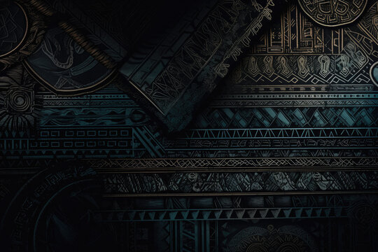 Fototapeta Mystic Tribal mysterious and intriguing wallpaper showcasing intricate tribal patterns in dark tones, adding depth and character to any room, generative ai