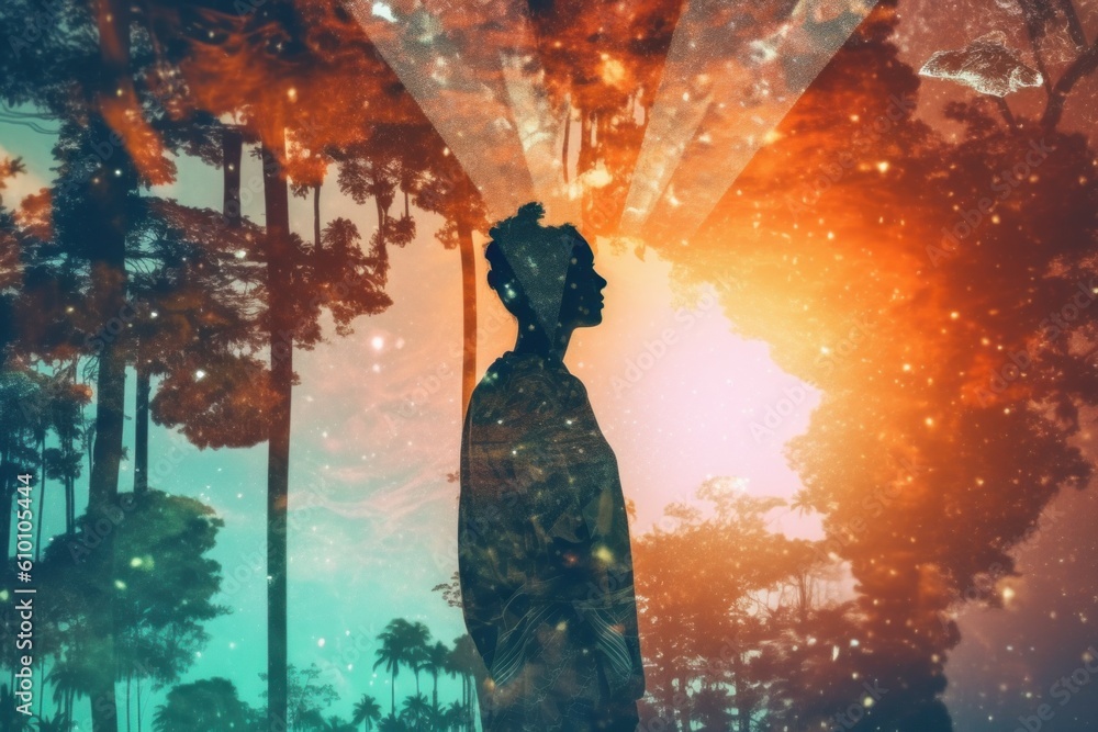 Poster a silhouette of a person standing in front of a forest. generative ai image.