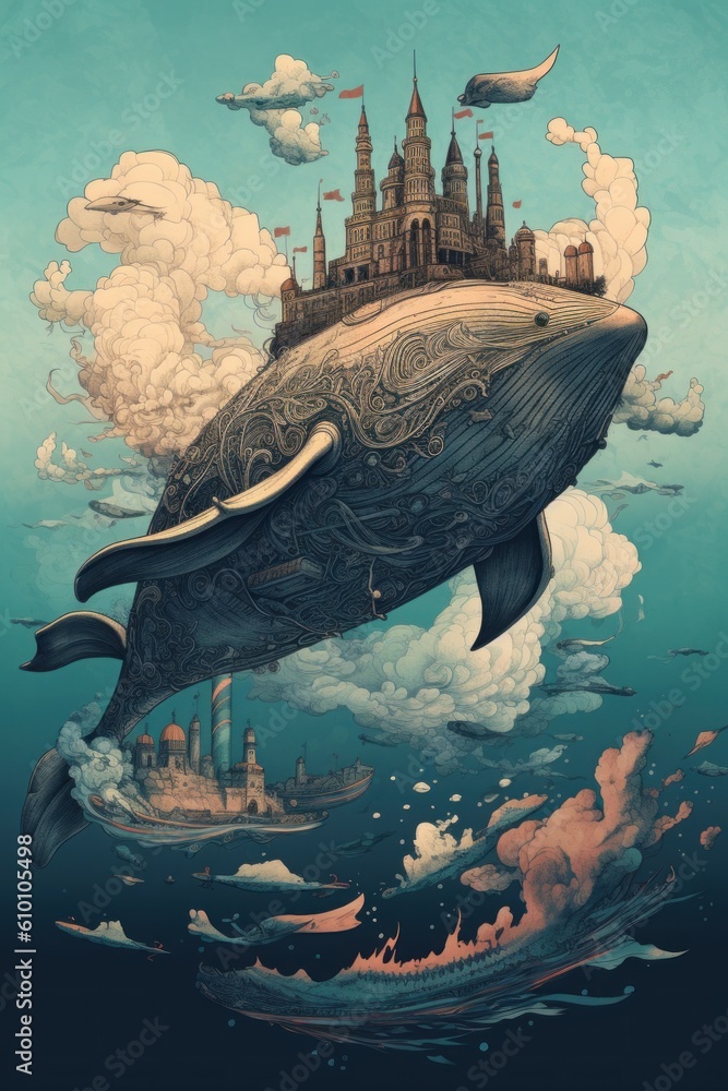 Poster a whale floating in the ocean with a castle in the background. generative ai image.