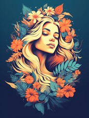 Summer, girl, retro design. Print for T-shirts. Generative AI.