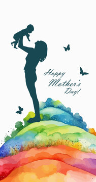 Silhouette of a mother with a child in her arms. Happy Mother's Day. Rainbow background. Vector illustration