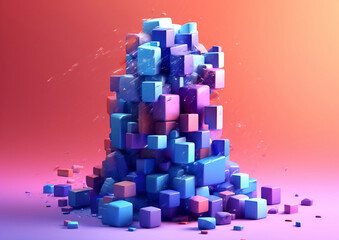 an abstract blue tower, showing several blue cubes on a colorful background. Generative AI.