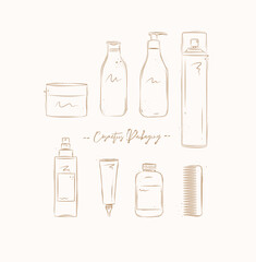 Hair cosmetics packaging containers drawing on brown background