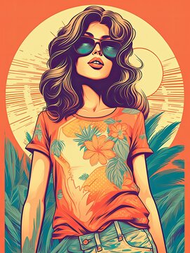 Summer, girl, retro design. Print for T-shirts. Generative AI.