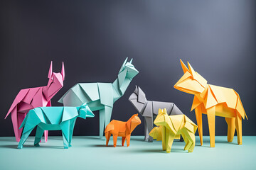 Origami animals in vibrant colors and playful poses on a light, neutral background, generative ai