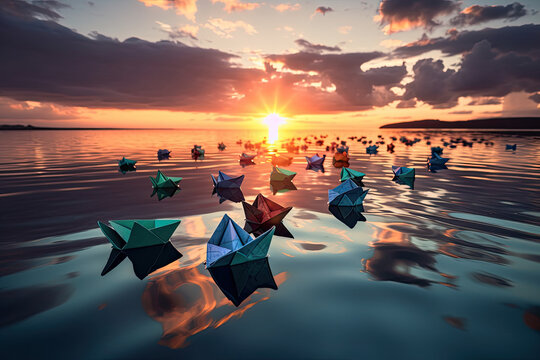 Origami boats in shades of blue and green, floating on a rippled water surface against a dramatic sunset sky, generative ai