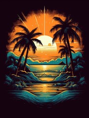 Summer, beach, illustration, retro design. Print for T-shirts. Generative AI.