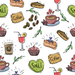 A color seamless pattern with food elements in the form of painted cakes and cups of tea, coffee and cookies, twigs and coffee.