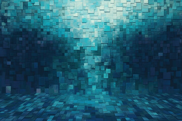 Fototapeta na wymiar Pixelated squares forming a mosaic in shades of blue and teal that resembles the texture of water, creating a calming and serene atmosphere, generative ai