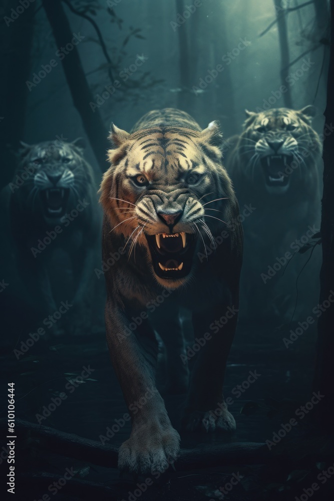 Poster a group of tigers walking through a forest. generative ai image.