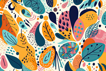 playful pattern of whimsical organic shapes in bright colors on a white background, generative ai