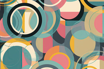 Fototapeta premium Retro circles in shades of blue, pink, and yellow on a light gray background, generative ai