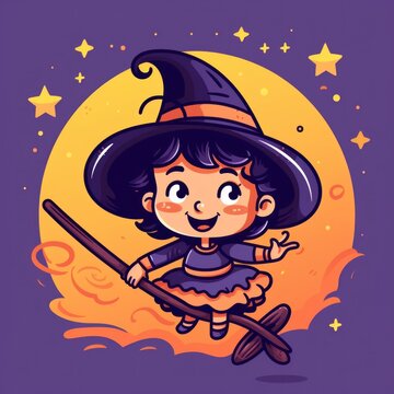 A cartoon witch flying on a broom. Generative AI image.