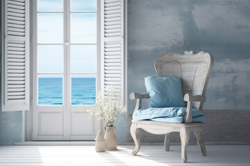 Vintage beach house wooden blue white interior. Generative AI