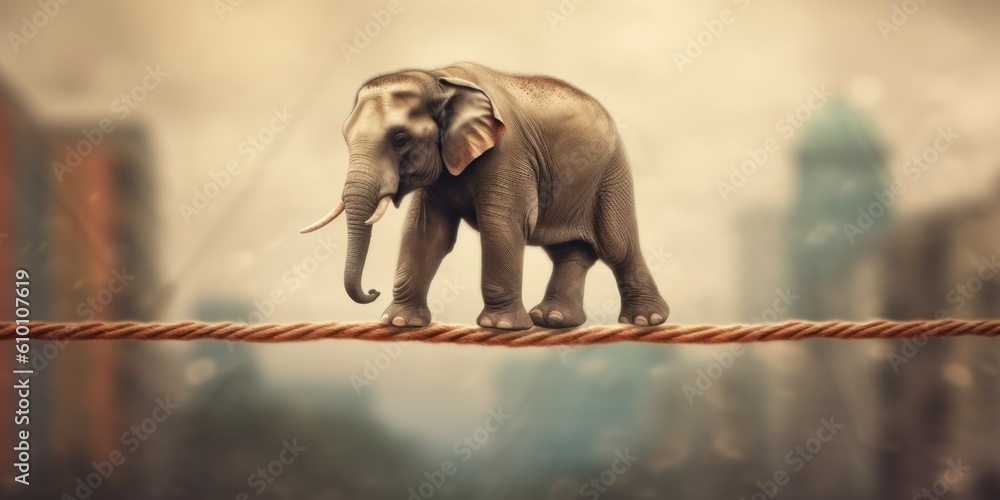 Poster an elephant standing on a rope with buildings in the background. generative ai image.
