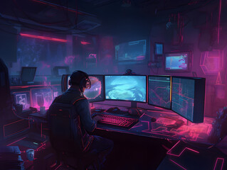 Fototapeta na wymiar a illustration of a man working on a computer setup