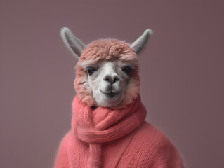 Alpaca wearing pink knitwear, winter collection of sweaters, AI generated concept