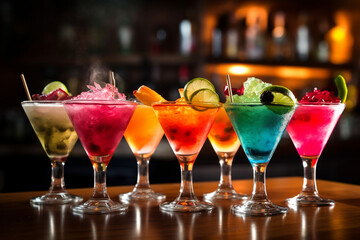 Alcohol cocktails in different collors on the bar. High quality photo Generative AI