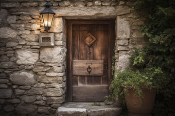 Fototapeta na wymiar Rustic Stone Wall with Wooden Door and Lantern, generative ai