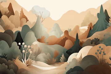 serene landscape of natural organic shapes in earthy tones on a light brown background, generative ai
